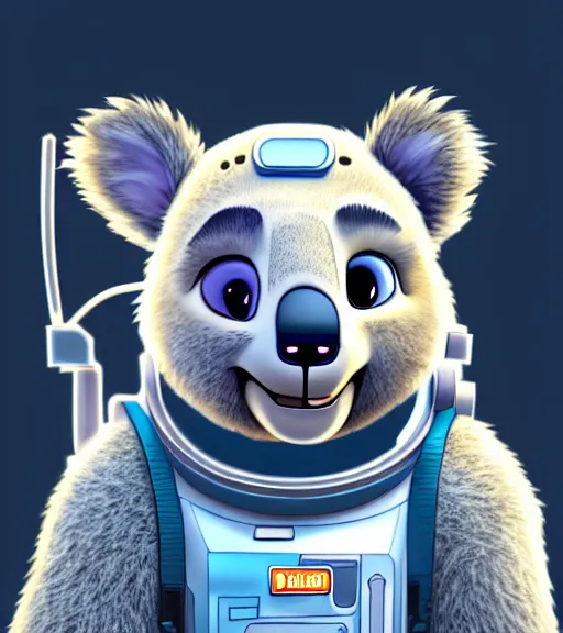 Image similar to digital detailed full body of anthromorphic female koala, in style of zootopia, fursona, furry, furaffinity, 4 k, deviantart, wearing astronaut outfit, in style of zootopia, floating in space, space background, in deep space, dark background, hyena fursona, cyberpunk, female, detailed face,