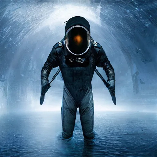 Image similar to concept art by craig mullins diver astronaut in underwater futuristic dark and empty spaceship. infrared complex and hyperdetailed technical suit design. helmet with a red visor. reflection and dispersion materials rays and dispersion of light breaking through the deep water. 5 0 mm, f / 3 2. noise film photo. flash photography. trend artstation