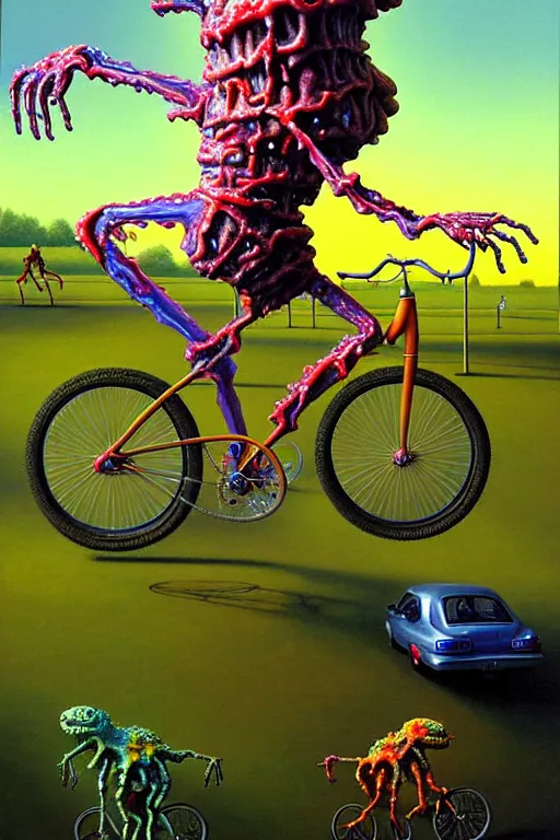 Prompt: a hyperrealistic painting of a translucent jelly zombie creature riding a bicycle through a suburban neighborhood on a sunny day, by chris cunningham and richard corben, highly detailed, vivid color,