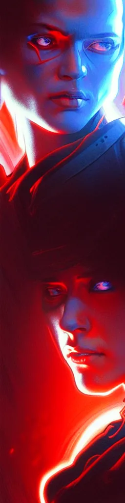 Prompt: The Terminator, sharp focus, intricate, elegant, digital painting, artstation, matte, highly detailed, concept art, illustration, volumetric lighting, red blue color scheme, art by artgerm, Alphonse mucha, and Greg Rutkowski