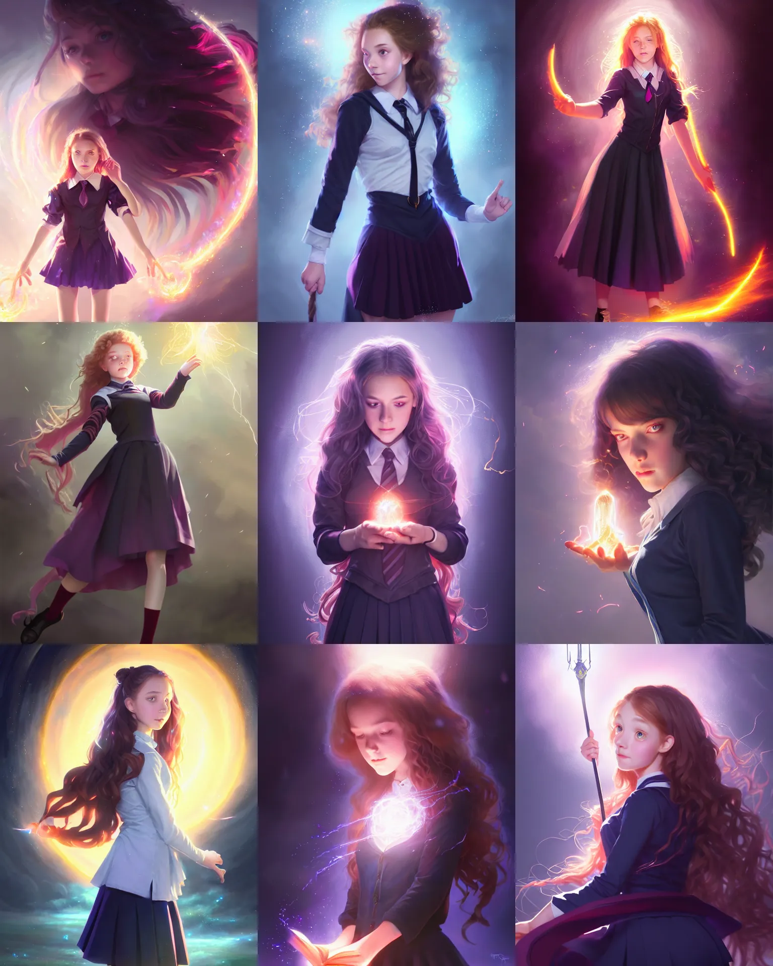 Prompt: portrait of a innocent young teen girl, dark magical school student uniform, light curly hair, casting a bright large-scale magical spell around herself, overflowing energy, highly detailed, digital painting, trending on artstation, pixiv, concept art, sharp focus, illustration, art by Ross Tran and Greg Rutkowski and Walt Disney animation