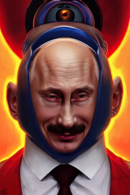 Image similar to vladimir putin as an evil stupid robotnik dr eggman, realistic portrait, symmetrical, highly detailed, digital painting, artstation, concept art, smooth, sharp focus, illustration, cinematic lighting, art by artgerm and greg rutkowski and alphonse mucha