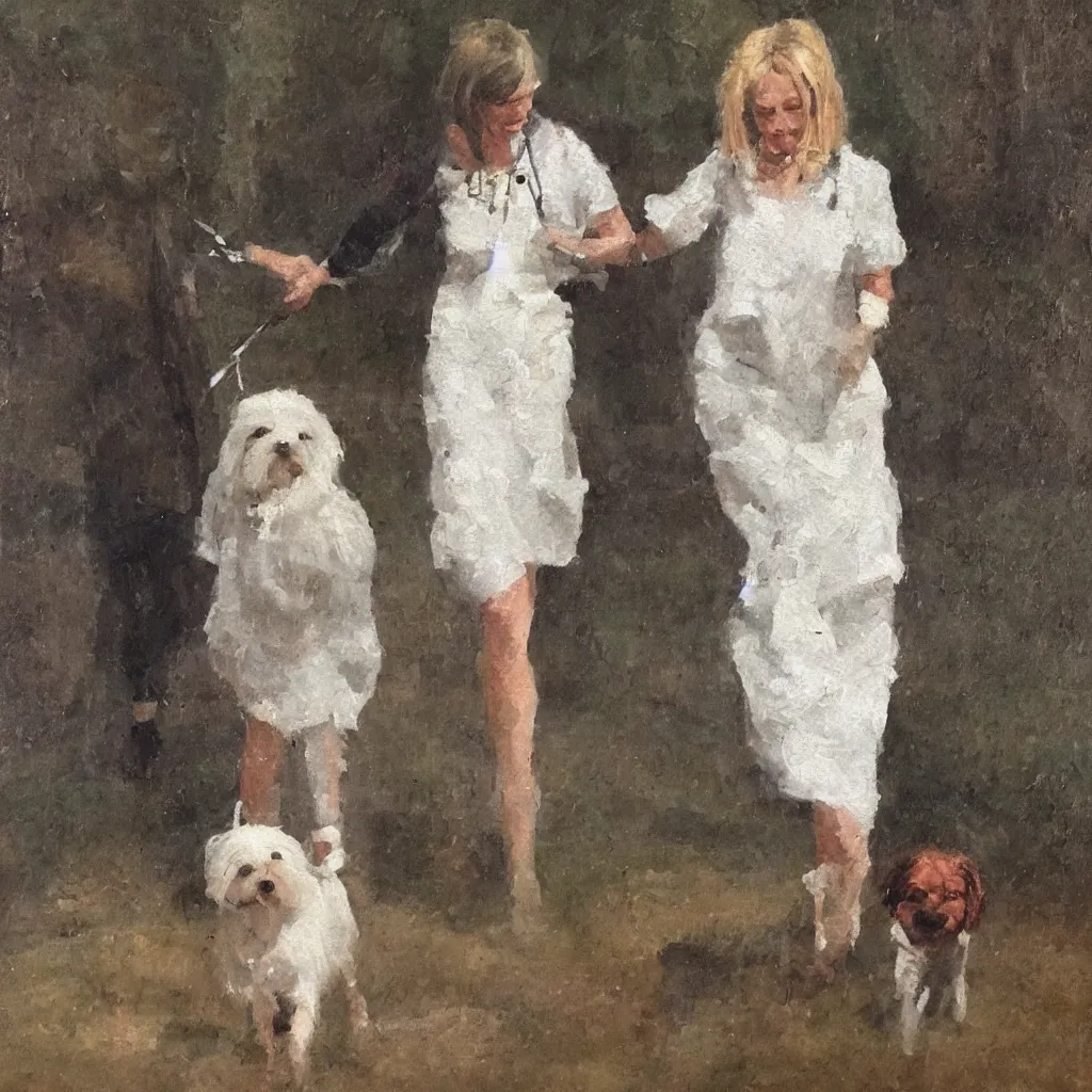 Prompt: A beautiful woman with freckles walking a Maltese Terrier in Buckingham Palace, oil paint on canvas, art,