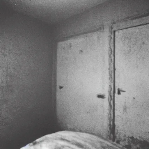 Image similar to Photograph of an abandoned 1940s bedroom with the woman from Kojima’s PT, dark, no lights, moist, taken using a film camera with 35mm expired film, bright camera flash enabled, award winning photograph, creepy, liminal space