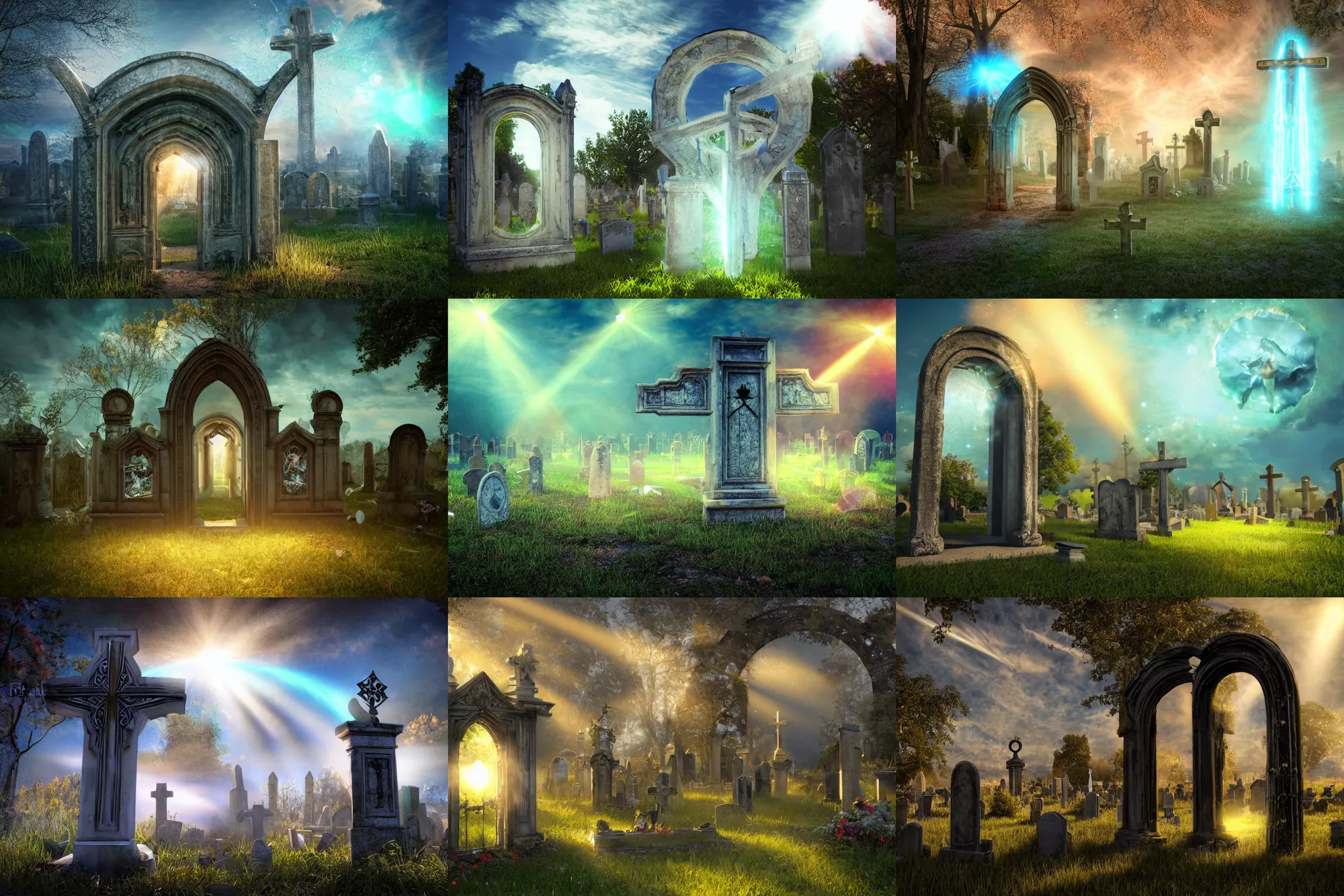 Prompt: photograph of a portal portal to bright heaven in a graveyard graveyard, crosses, cinematic, tyndall effect, sunlight, god rays, fairies, global illumination, hypermaximalist, detailed, landscape 4k, 8k, breathtaking stars, surrealism, distant, concept art, digital art, sharp focus, mystic hues, acid pixie, RTX, octane render, Trending on DeviantArt, by lee madgwick and thomas kinkade