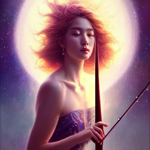 Prompt: a high quality life like portrait of a very very beautiful! celestial goddess of life playing a mystical violin and springing life into the universe, highly detailed, cinematic lighting, intricate, sharp focus, fantasy, mystical, dreamlike, exotic, realistic, by WLOP and greg rutkowski, trending on artstation