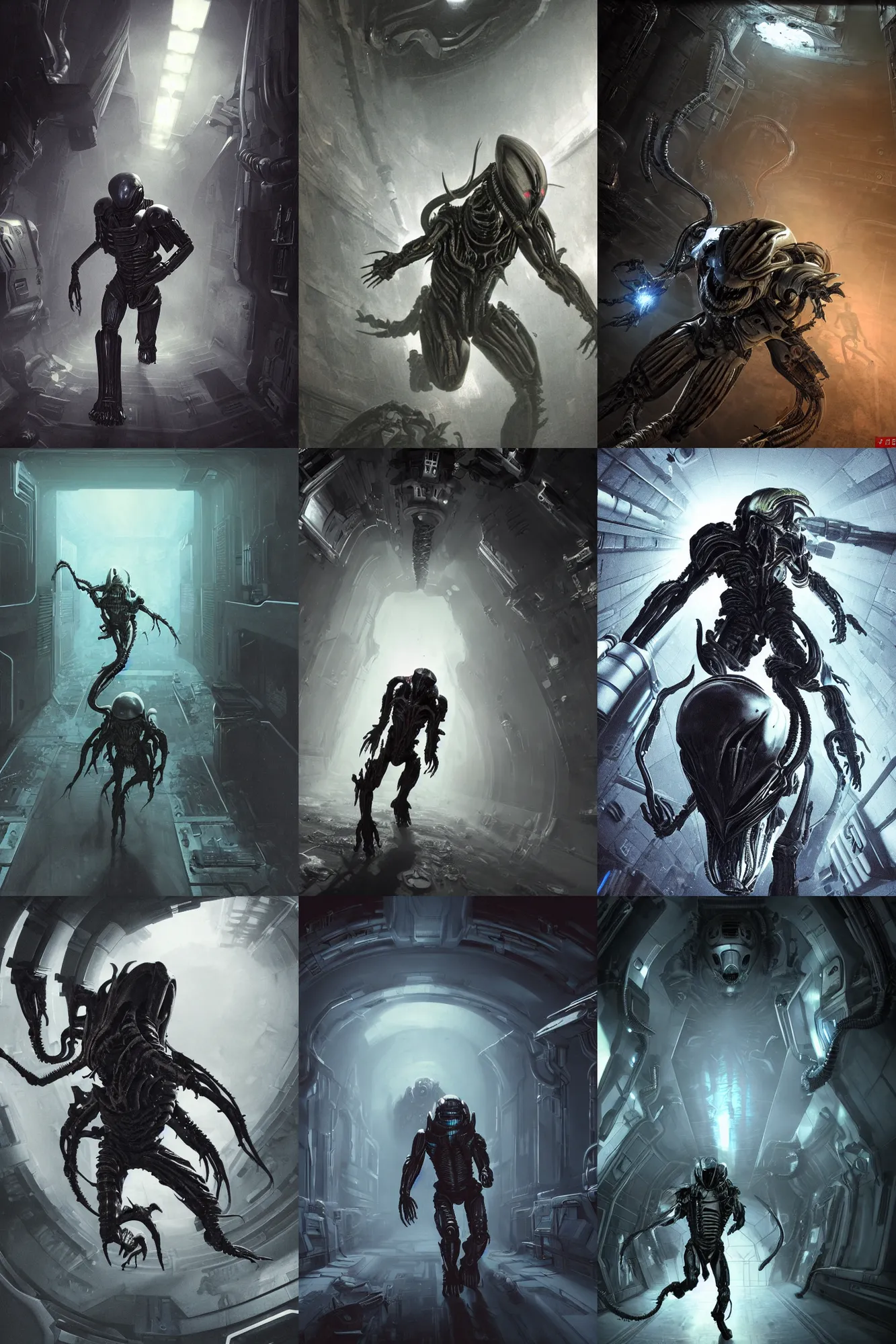 Prompt: horror movie scene of an individual in futuristic armor being chased down a hallway, running through a deep space mining space station, xenomorph walls, broken pipes, side angle, dark colors, muted colors, tense atmosphere, mist floats in the air, amazing value control, dead space, moody colors, dramatic lighting, ussg ishimura, frank frazetta, hr giger interior