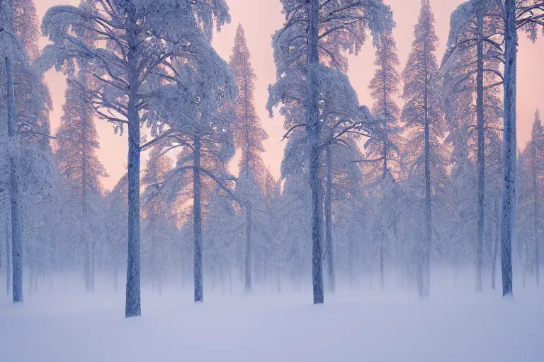 Prompt: lapland, cannon snow covered trees, volymetric light, ethereal, mist, halo arm colours, dusk, coherent composition, by noah bradley and john howe