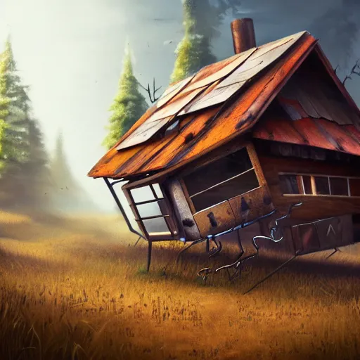 Prompt: a running wood and metal house with two legs and one big eye, rust, hyperrealistic, highly detailed, cinematic, single ray of sun, morning, pareidolia, gravity falls style, disney, beautiful, cgssociety, artstation, 8 k, oil painting, digital art