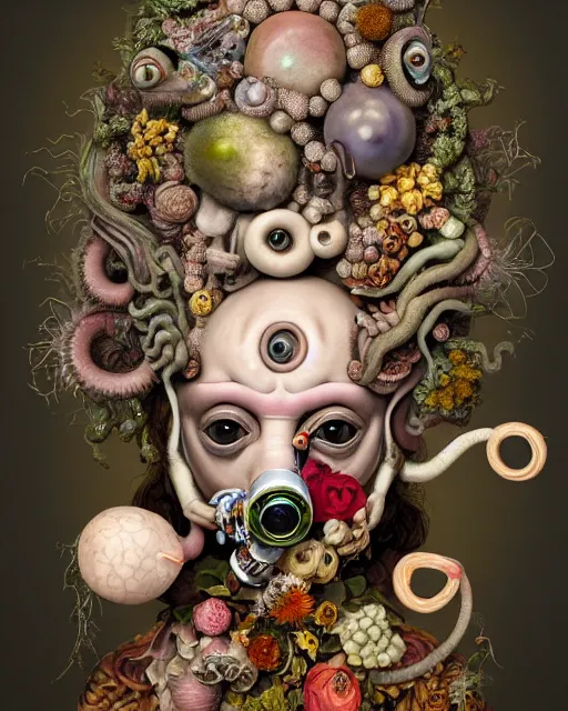 Image similar to a maximalist biomorphic portrait with with large eyes, expressive, wearing a botanical gas mask by arcimboldo, baroque painting by ayami kojima, mark ryden, haunting surrealism by dali, cephalopod, focus on head, soft light, 4 k, octane high quality render