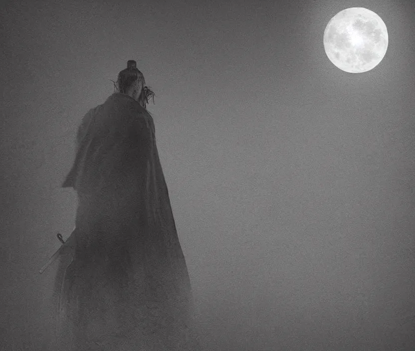 Image similar to '2d design graphic a samurai in the night ,big white moon background , gloomy and foggy atmosphere, octane render, artstation trending, horror scene, highly detailded style of Moebius, black and white ink '