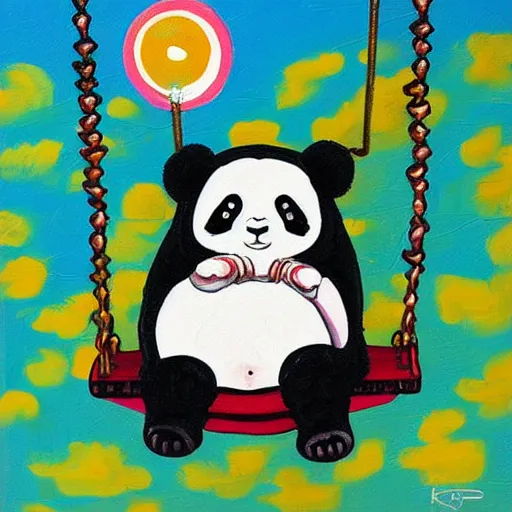 Image similar to beautiful and adorable and cute acrylic! impasto! painting of a sad, crying panda bear on a playground swing. by jeremiah ketner and studio ghibli