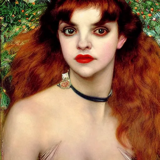 Prompt: portrait of a hybrid of a hybrid of judy garland and lady gaga and christina ricci with marfan syndrome, with a brown fringe, holman hunt, john william waterhouse, kilian eng, rosetti, john everett millais, william holman hunt, 4 k
