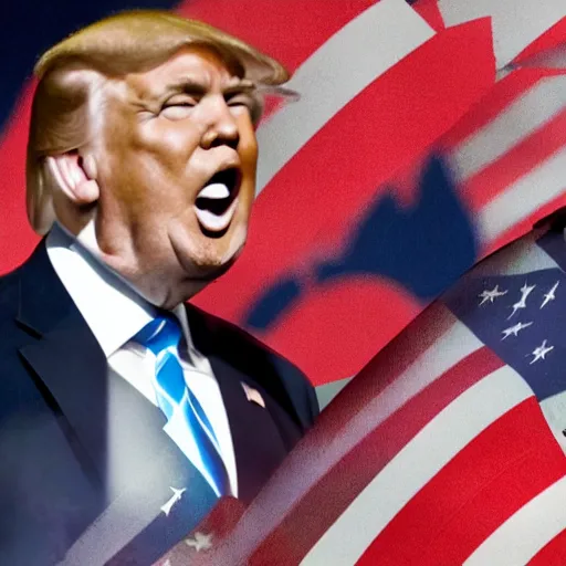 Image similar to obama with an american flag wrapped around his head, trump and putin in greyscale look on forebodingly in the background, red chinese flowers in the background, chinese characters in the foreground