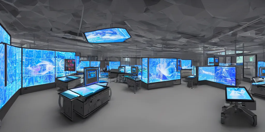 Image similar to science lab illuminated by holographic screens showing scientific images, control panels, reflections, descent high quality octane rendering, 8K