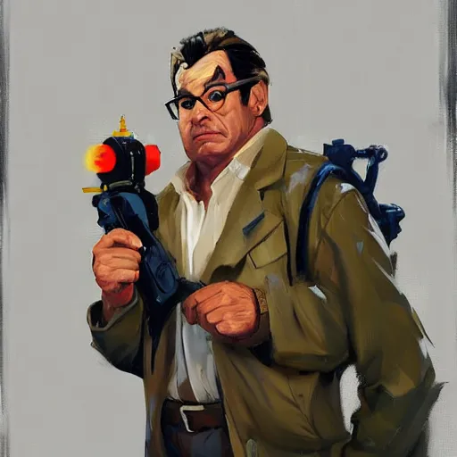 Image similar to greg manchess portrait painting of ghostbuster dr. raymond stantz overwatch character, medium shot, asymmetrical, profile picture, organic painting, sunny day, matte painting, bold shapes, hard edges, street art, trending on artstation, by huang guangjian and gil elvgren and sachin teng