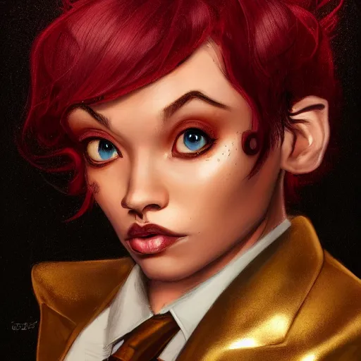 Prompt: portrait of a beautiful nonbinary actor with dark skin and messy short red hair wearing a men's suit, elf ears and gold cat's eyes, by Gerald Brom and Ross Tran, dramatic lighting, 4K, trending on artstation