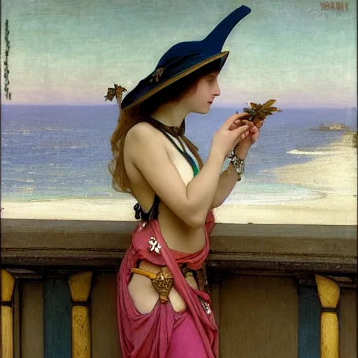 Image similar to A girl with jester hat and clothes on the front of a Balustrade with a beach on the background, major arcana clothes, by paul delaroche, alphonse mucha and arnold böcklin arnold böcklin hyperrealistic 8k, very detailed