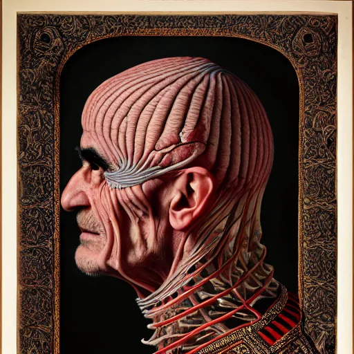 Prompt: The Shah of Iran with translucent skin, visible muscles and veins and arteries and bones and spine and nerves, beautiful detailed intricate insanely detailed octane render, 8K artistic photography, photorealistic, chiaroscuro, by David Cronenberg, Raphael, Caravaggio