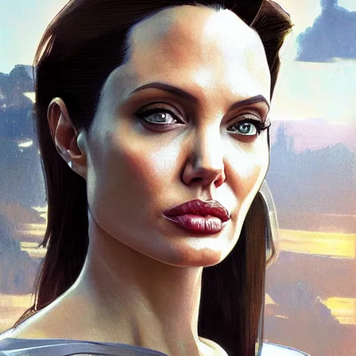 Image similar to Angelina Jolie as a grand theft auto 5 loading screen, very detailed face, gorgeous, beautiful, intricate, highly detailed, digital painting, artstation, concept art, sharp focus, illustration, art by greg rutkowski and alphonse mucha