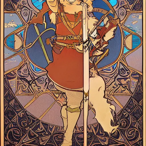 Image similar to a painting of the legend of zelda : breath of the wild by mucha