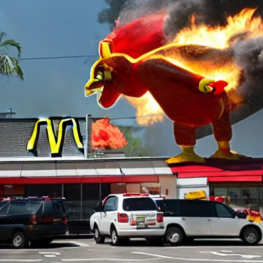 Prompt: giant chicken destroying a mcdonalds, smoke, fire, debris