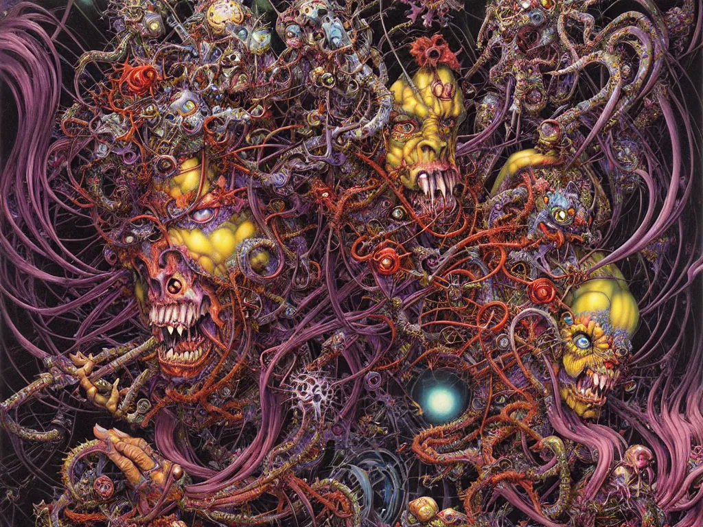 Prompt: realistic detailed image of Wrathful Technological Nightmare Abomination Monsters by Lisa Frank, Ayami Kojima, Amano, Karol Bak, Greg Hildebrandt, and Mark Brooks, Neo-Gothic, gothic, rich deep colors. Beksinski painting, part by Adrian Ghenie and Gerhard Richter. art by Takato Yamamoto. masterpiece