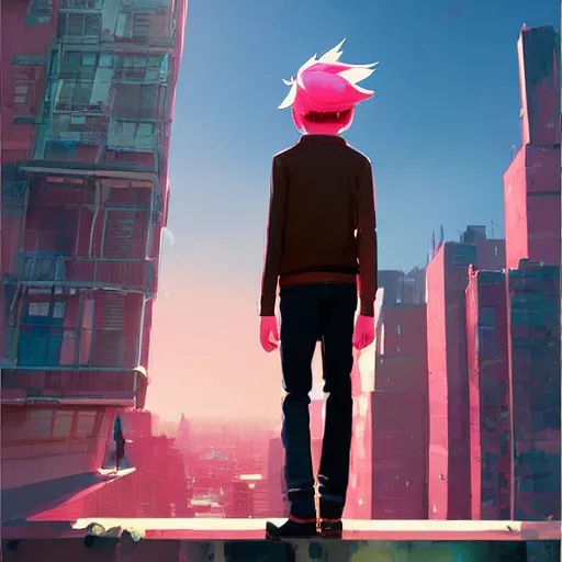 Image similar to teen boy, pink haired, city landscape, Gotham, artstation, highly detailed, digital painting, by makoto shinkai and thomas kindle and James gilleard