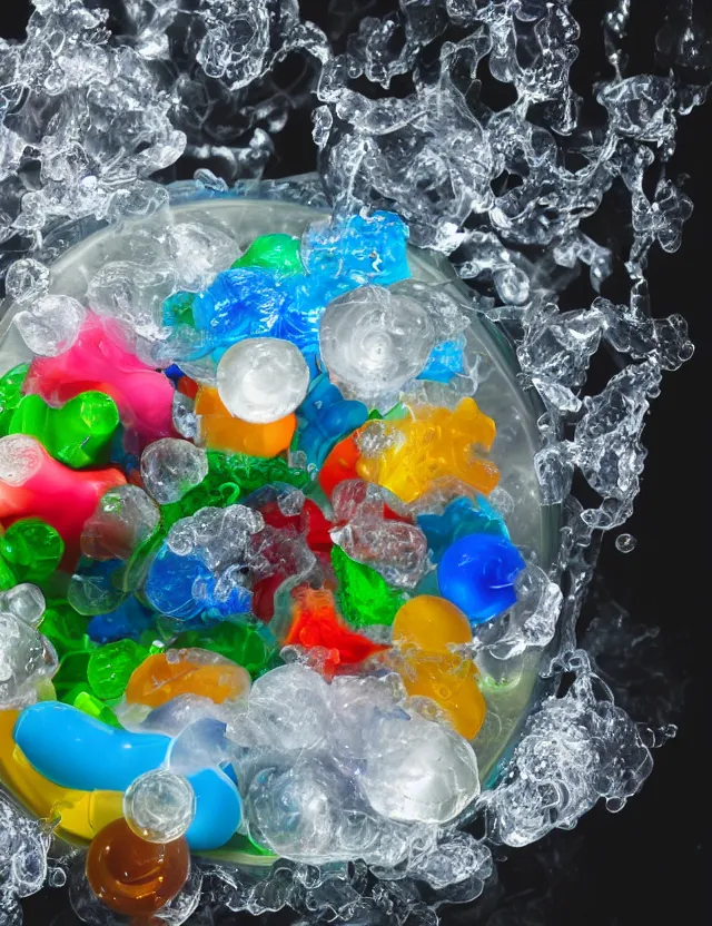 Prompt: a well - lit studio photograph of a clear bowl of water with various plastic toys floating in it, some smooth, some wrinkled, some long, various sizes, textures, and transparencies, beautiful, smooth, detailed, inticate