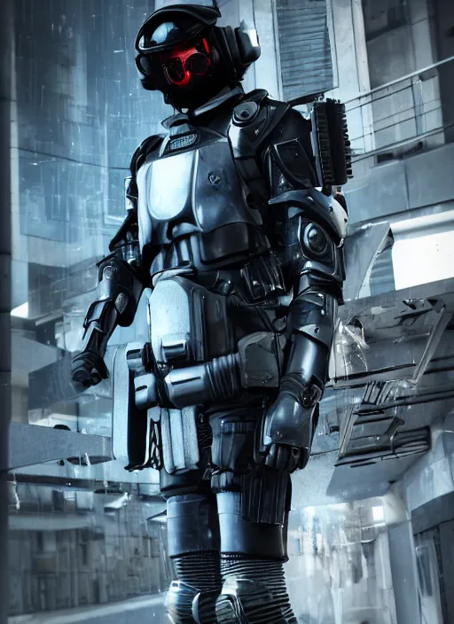 Image similar to futuristic swat team, full armor, full body, full face mask, futuristic weapon, cyberpunk, unreal engine 5