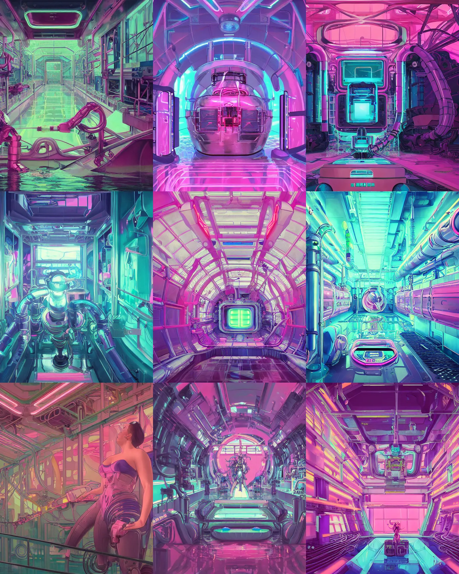 Prompt: the inside of a the inside of a Mecha seapunk human biofuel processing tank flooded with pink water up to waist height, stomach vibes, cinematic lighting, walls lined with neon tube lights, cinematic lighting, walls lined with neon tube lights, vaporwave , digital art, artstation, by WLOP, Ilya repin, alphonse mucha. Dynamic perspective mouth, Very highly detailed 8K, octane, Digital painting, the golden ratio, rational painting