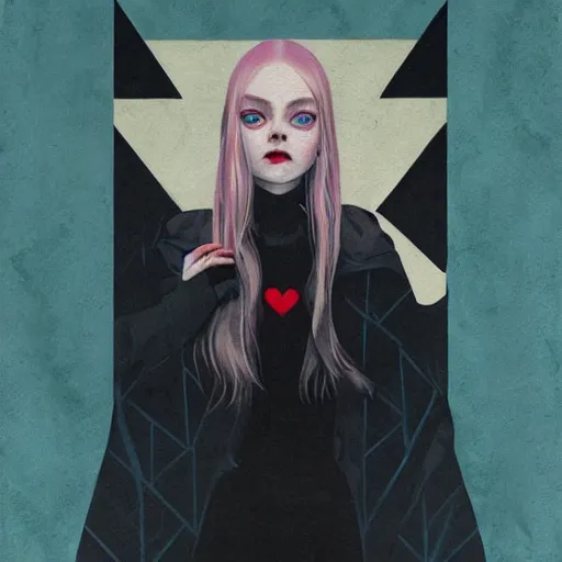 Prompt: Elle Fanning in Vampire Masquerade picture by Sachin Teng, asymmetrical, dark vibes, Realistic Painting , Organic painting, Matte Painting, geometric shapes, hard edges, graffiti, street art:2 by Sachin Teng:4