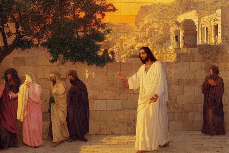 Image similar to painting of jesus christ walking through jerusalem, beautiful, sunset, romantic, by ludwig deutsch and maxfield parrish, patterned tilework, extremely detailed, cinematic lighting, smooth sharp focus