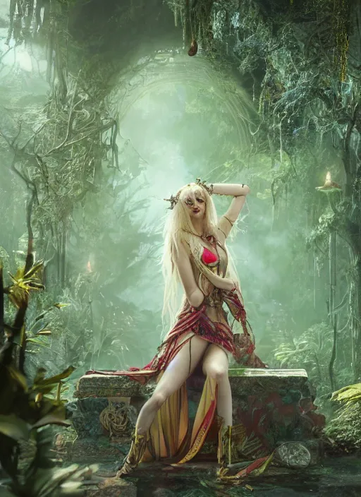 Image similar to Beautiful art full shot of taylor momsen as a fantasy priestess in a bright temple surrounded by lush forest, atmospheric lighting, intricate detail, cgsociety, hyperrealistic, octane render, RPG portrait, ambient light, dynamic lighting