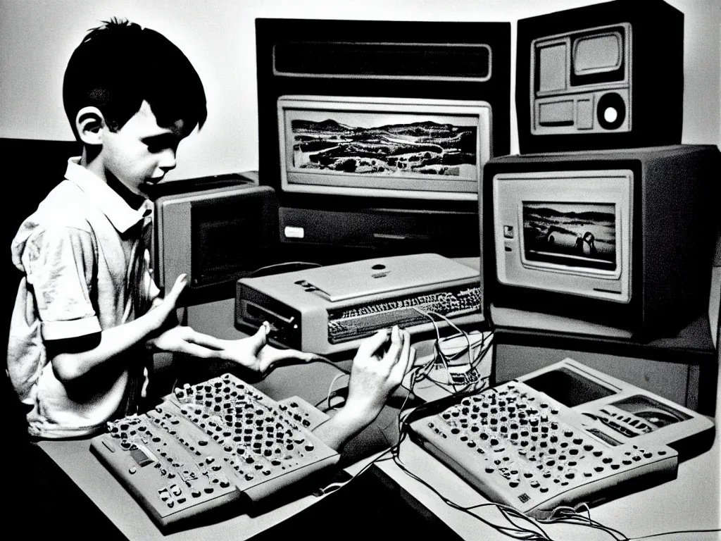 Image similar to boy looking at the PC computer from 90s by Laurie Lipton, grainy film kodak