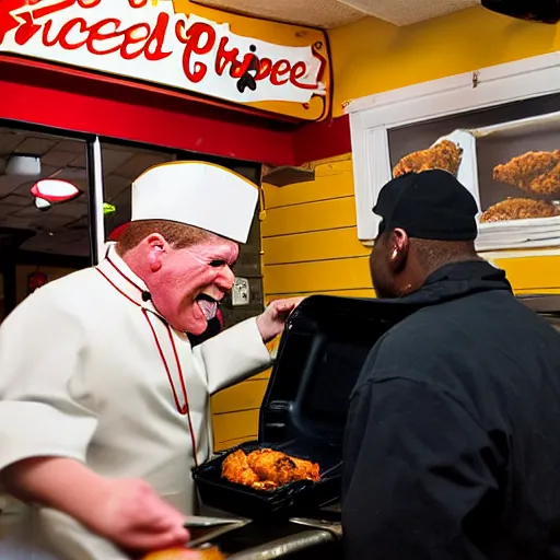 Image similar to a photograph of a reallife popeye the sailor man handing fried chicken to a customer at a popeye's chicken restaurant. he is behind the counter wearing a uniform