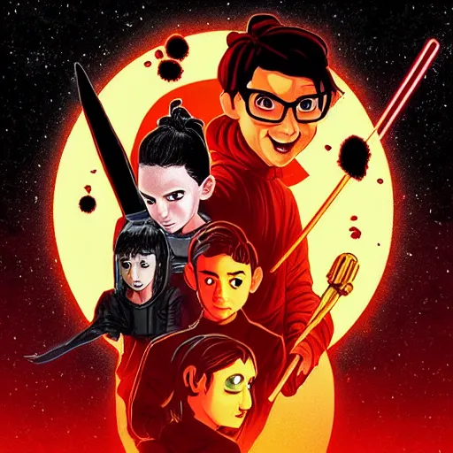 Image similar to goosebumps book r l stine book cover with rey and kylo ren, in the style of tim jacobus