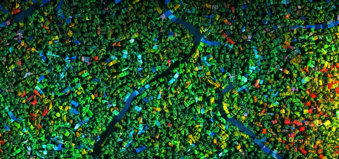 Prompt: photo of the amazon forest made of plastic bags of different colors, in a real space photography, super detailed image, trending on artstation, moody, cinematic, 8 k, volumetric lighting