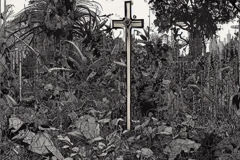 Prompt: abandoned overgrown graveyard, large crosses, spiny thorned giant plants, very coherent, intricate design, painting by Laurie Greasley, part by Yoji Shinkawa, part by Norman Rockwell