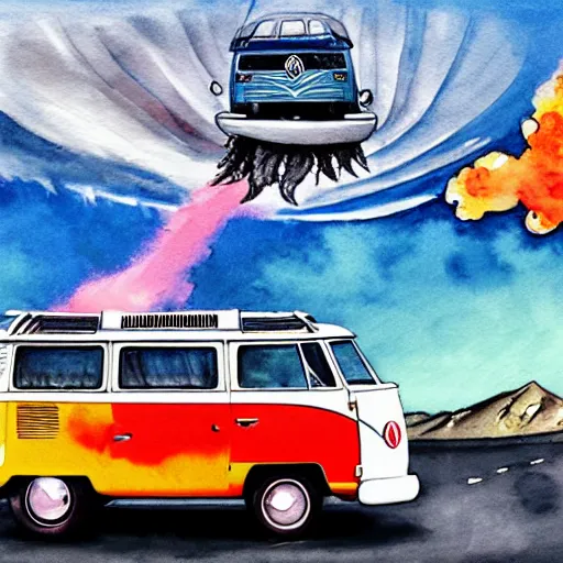 Image similar to a fisheye perspective caricature watercolor painting of a vw volkswagen bus, camper, bulli, type - 2, microbus, kombi, flying towards the camera, jumping at the viewer, dynamic action shot, fish eye lense, frontal, a dramatically erupting vulcano is seen in the background