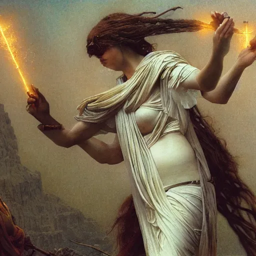 Image similar to Bright explosive Birth of Athena from the head of lightning god Zeus, hyperrealism, no blur, 4k resolution, ultra detailed, style of Greg Rutkowski, Carlos Schwabe, Dragan Bibin, Carl Spitzweg, Georges Desvallières, Tyler Edlin, Frank Frazetta