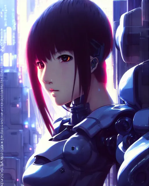 Image similar to portrait Anime Girl in mecha armor in night tokyo Sharp fine face pretty face, realistic shaded Perfect face, fine details. Anime. cyberpunk realistic shaded lighting by katsuhiro otomo ghost-in-the-shell, magali villeneuve, artgerm, rutkowski Jeremy Lipkin and Giuseppe Dangelico Pino and Michael Garmash and Rob Rey