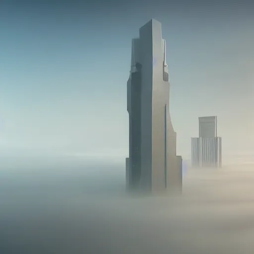 Prompt: singular!!! cyberpunk skyscraper rising from an opaque carpet of fog in an otherwise clear sunny day. lateral view showing the building from top to bottom. dynamic perspective, sharp focus, crisp lines, surrealism, concept art by dom qwek, trending on cg society, neofuturism, futuristic, volumetric lighting, aesthetic. digital matte painting