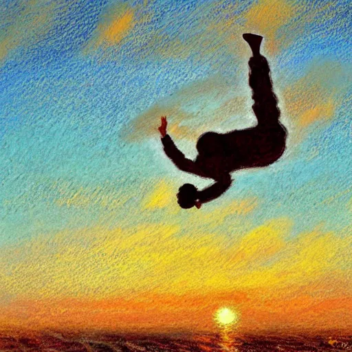 Prompt: arab man with curly hair skydiving alone, centered, pastel colors, peaceful, impressionist painting, figurative painting, intricate details, sunset