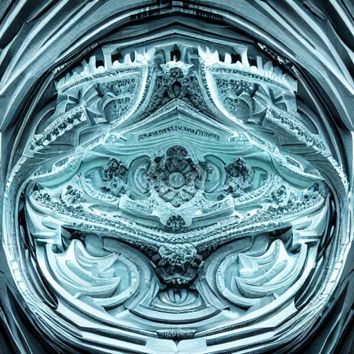 Prompt: a beautiful 3 d stone carving of an intricate mandelbrot fractal cathedral populated by fractals by android jones, carved soap, color scheme, unreal engine, volumetric lighting, dynamic lighting, bright, dramatic lighting, high contrast, carved marble, opalescent, sagrada familia arch, sacred geometry, religious, angelic, catholic punk, stark