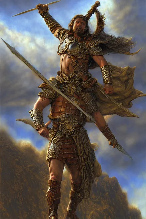 Prompt: masterpiece matte painting of a warrior falling from the clouds, male, breastplate, magical, high fantasy, d & d, by donato giancola, face details, extremely detailed, digital illustration