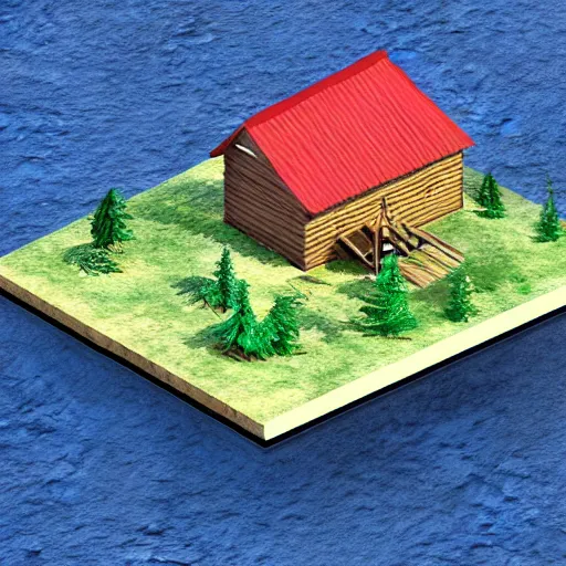 Image similar to isometric photoreal cabin in the woods in the middle of tge ocean, dnd 3 d map