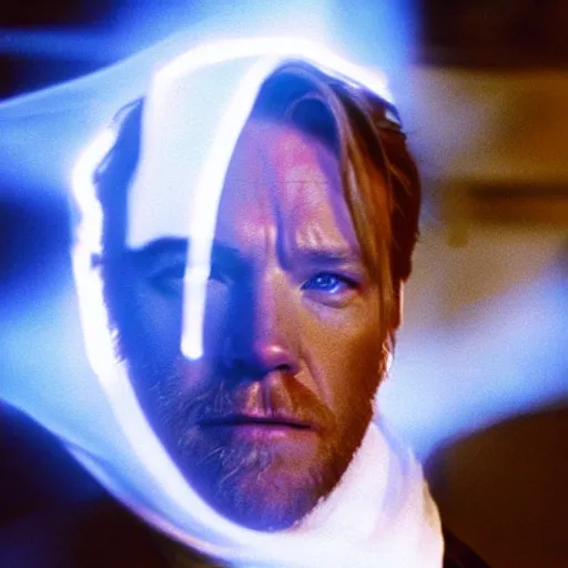 Image similar to film still of old ewan mcgregor as a ghost in star wars, blue ghost, transparent, epic lighting, highley detailled, kodak film