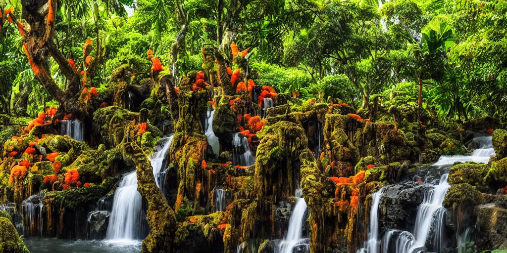 Prompt: ancient forest stone temple with a waterfall and colorful tropic mango trees, banana trees, orange trees, papaya trees, sunset, high definition, high detail, photorealisitc, 8k,