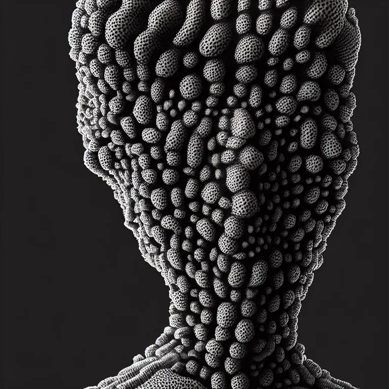 Image similar to portrait of beautiful man wearing black ribbed trypophobia black mask covered with ribbed spinal tubes, wastelands, baroque painting, beautiful intricate insanely detailed octane render, artstation, 8 k artistic harsh flash photography, photorealistic, volumetric perfect light, chiaroscuro, beeple, annie liebovitz, raphael, caravaggio, rutkowski